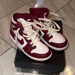 Kids Maroon Jordan 1 and White High-Top Sneakers